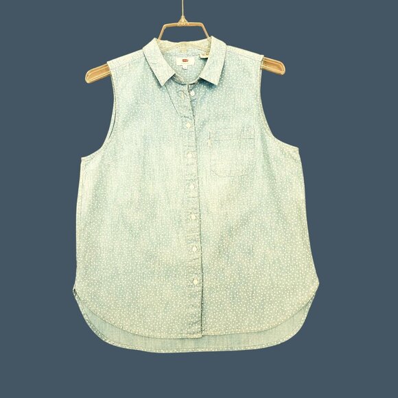 Levi's Vintage Womens 90s Sleeveless Polka‎ Dot Cotton Button-Down Shirt M - Picture 6 of 12